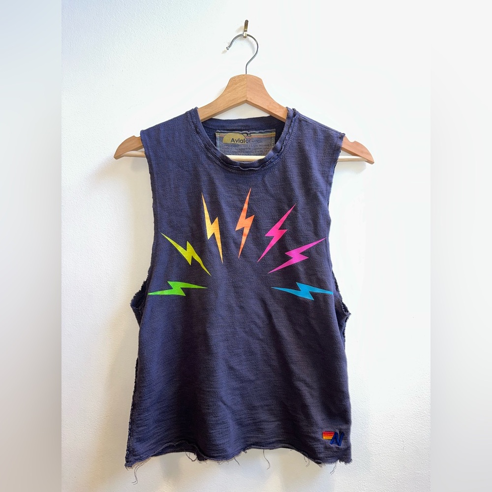 ❌SOLD❌Aviator Nation Sunset Bolt Muscle Tank Size XS Raw Hem Neon Rainbow